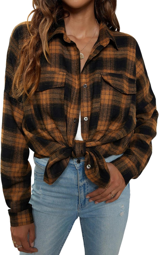 Womens Flannel Shirts Plaid Shacket Button down Long Sleeve